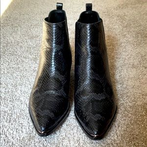 Marc Fisher black and gray snake Booties